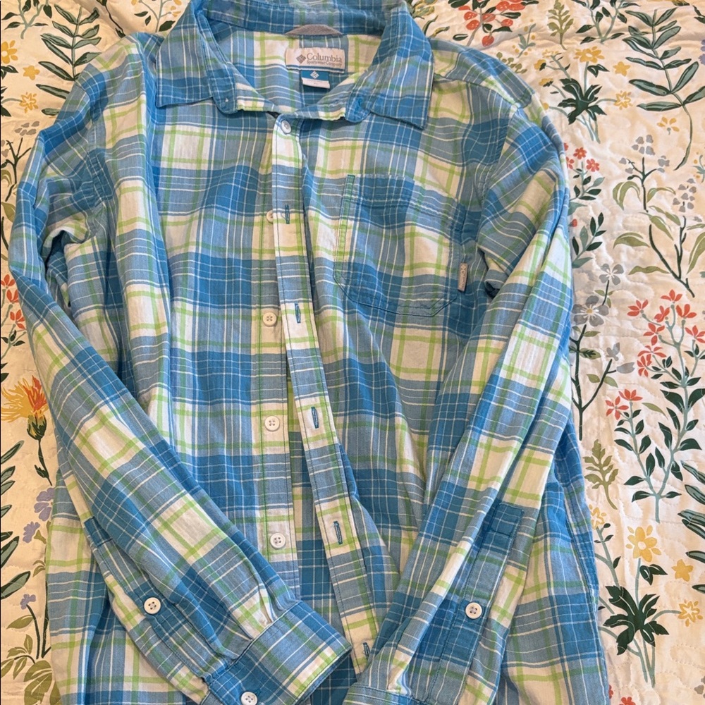 Columbia Men's Blue and Green Plaid Shirt